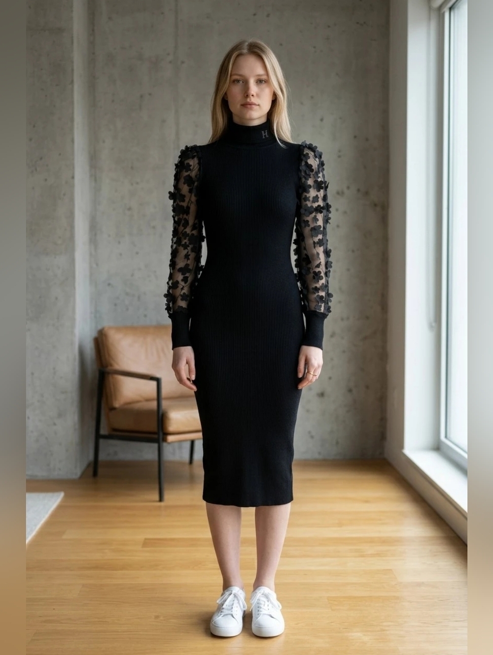 Almost Famous Women's Black Petal Mesh LongSleeve Midi Dress Sz Small